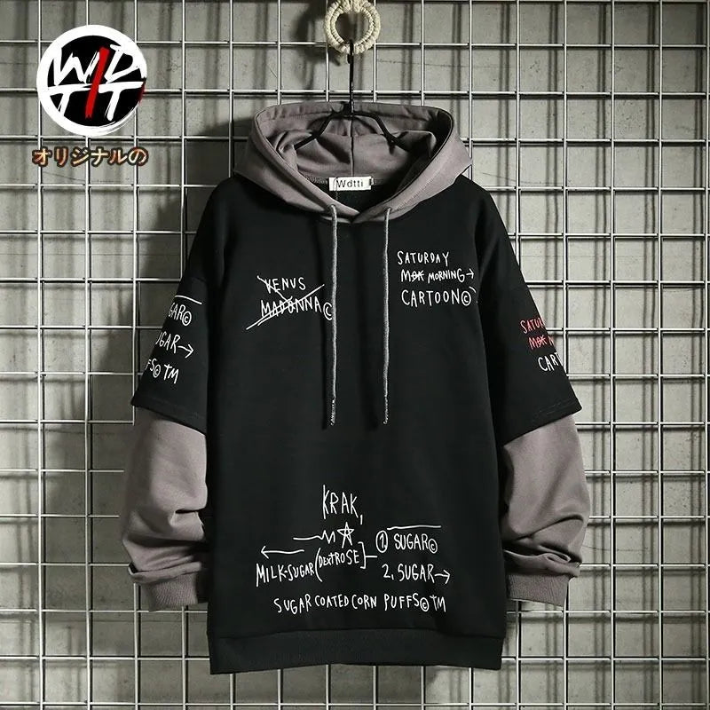 Spring /Autumn Sweater Male Retro Mock Two-Piece Hooded Korean Hip Hop Print Sweatshirt Loose Hoodie Fleece Padded Jacket Men's