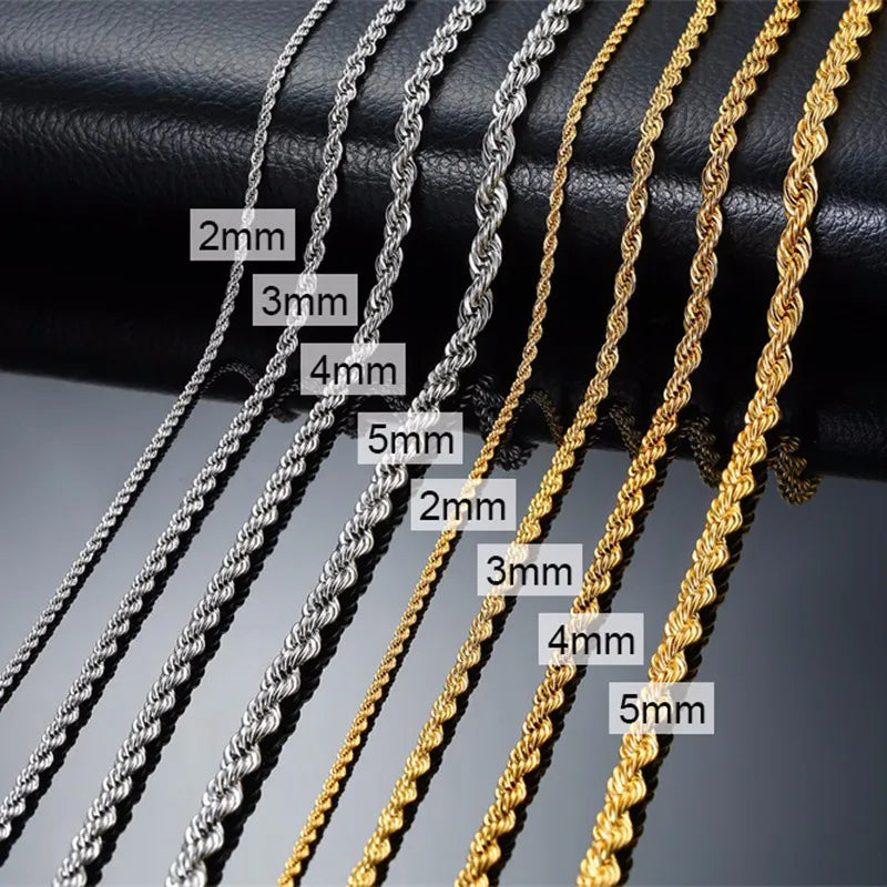 Men Ropes Long Necklace Stainless Steel Minimalist Twist Rope Chain Necklace Available in Gold Color Silver Color 2 TO 5mm