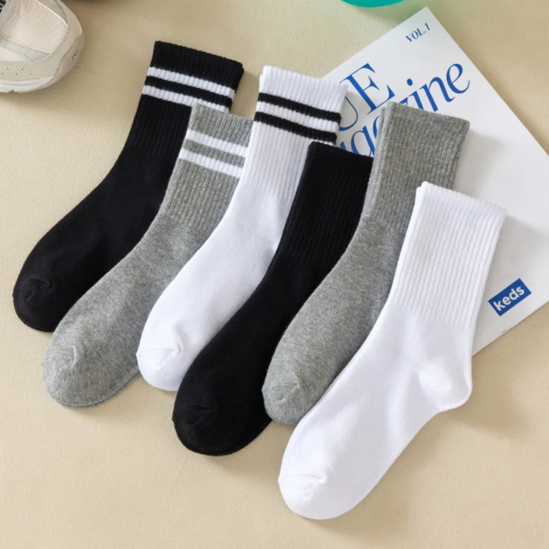 6 Pairs  Women's Mid-Tube Socks Solid Colour Autumn Winter Breathable Comfortable Sport Sweat Absorbent Man And  Women's Socks